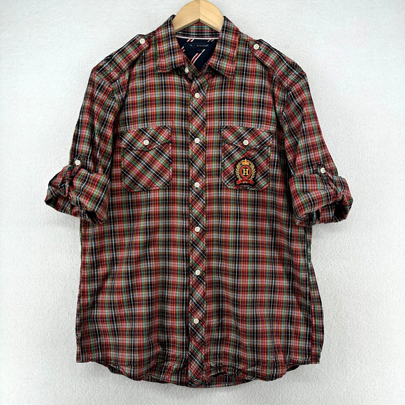TOMMY HILFIGER Shirt Mens L Plaid Button Front Roll Tab Sleeve Crest Logo Red - Picture 1 of 16